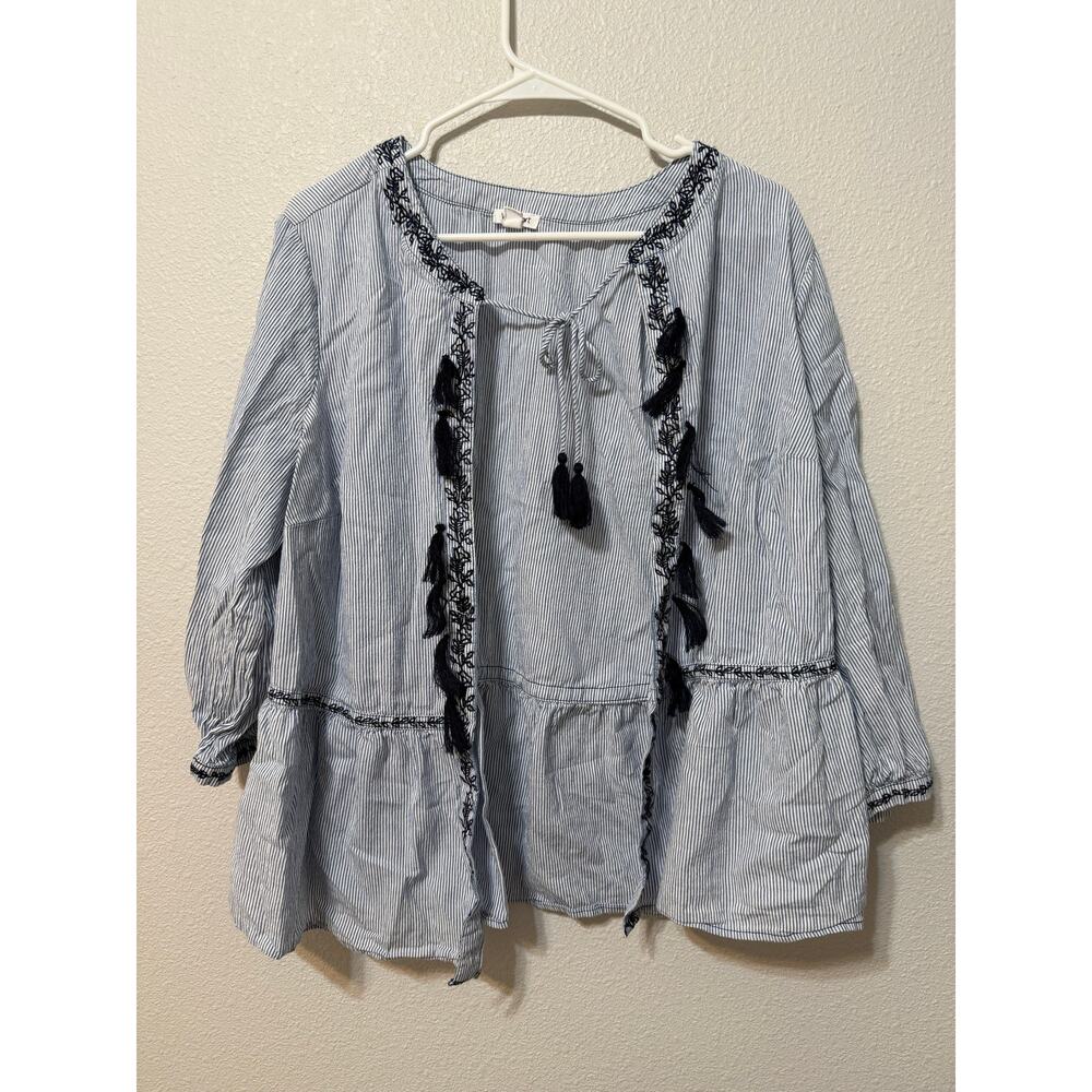Westport‎ Blue White Stripe Tassel Tie Neck Open Front Over 100% Cotton Size: XL